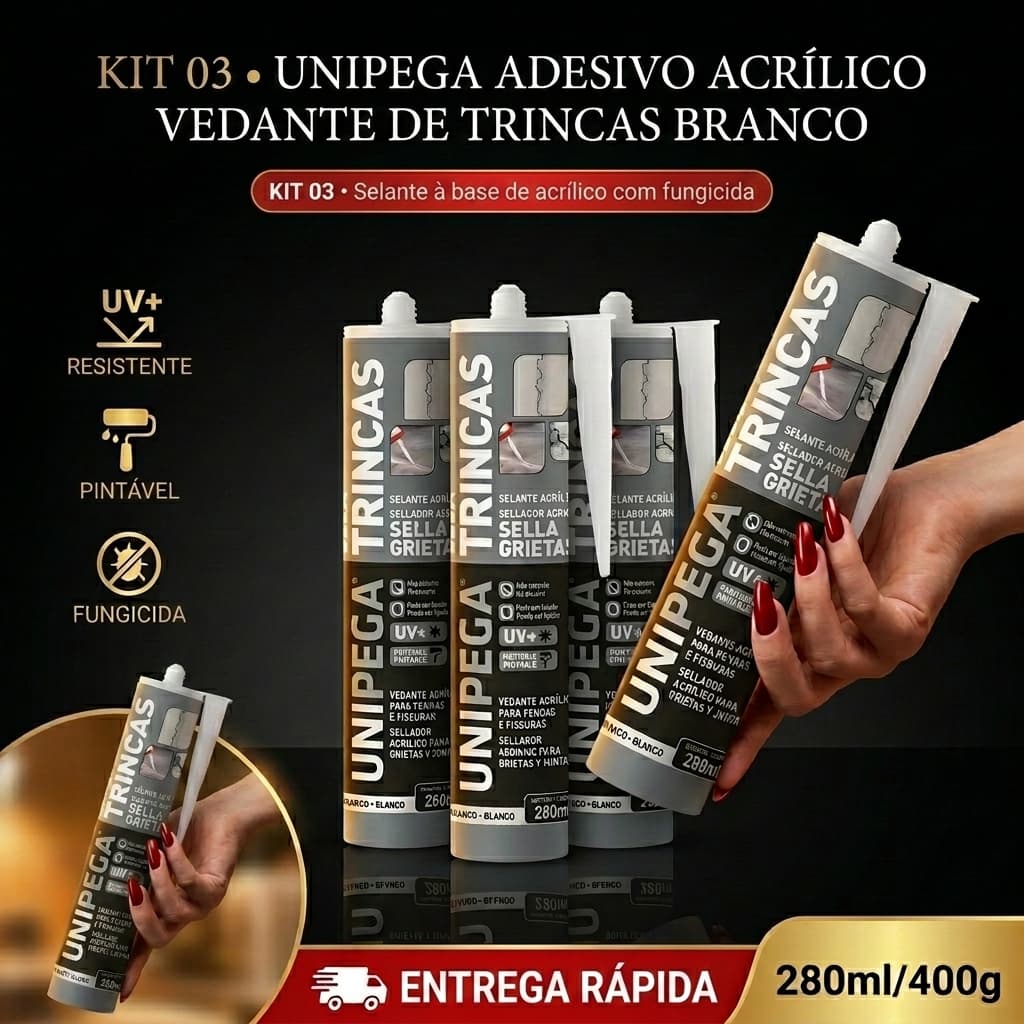 Kit Jogo 3 Sela Trincas Selante Acrilico Adesivo 280ml Unipega Branco Veda Parede Rachaduras Trinca