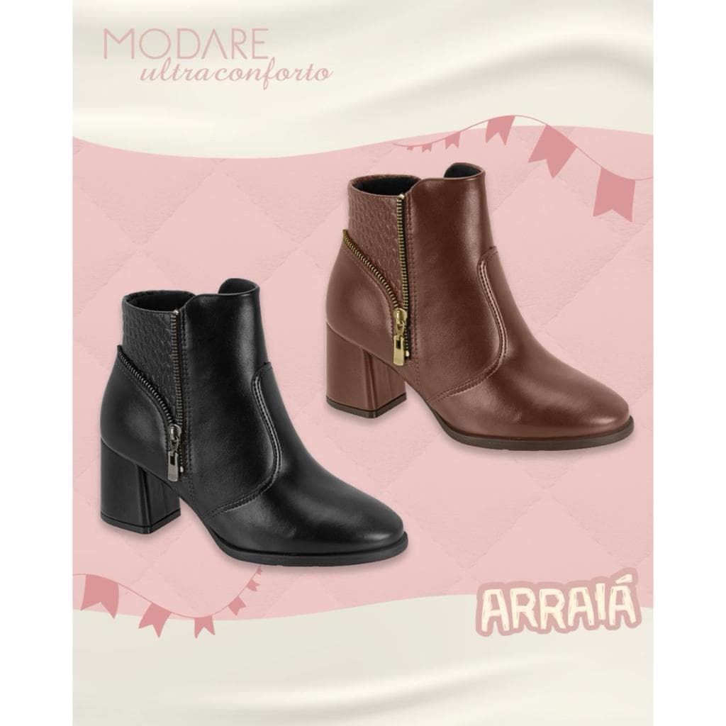 Bota feminina modare salto bloco médio com ziper confortável dia a dia