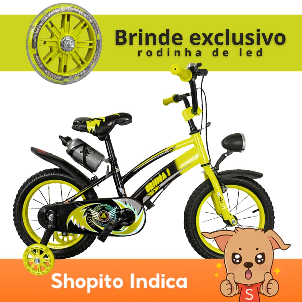 Bicicleta Infantil Aro 16 Old School Amarela 4 a 8 Anos LED + Pneu Grosso + Farol + Rodinhas + Freio V-Brake Completa