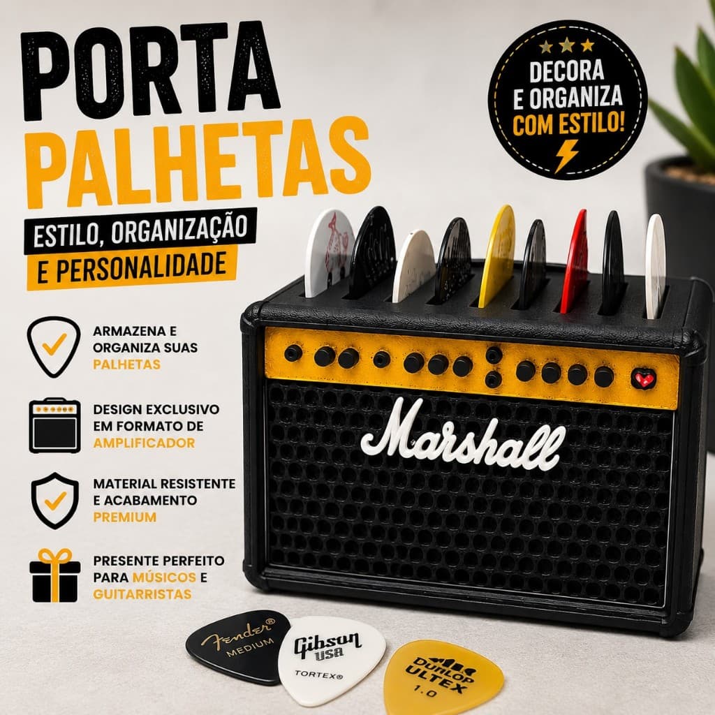 Porta Palhetas Guitarra Marshall 3D Organizador 5 ou 9 Palhetas Até 1,4mm