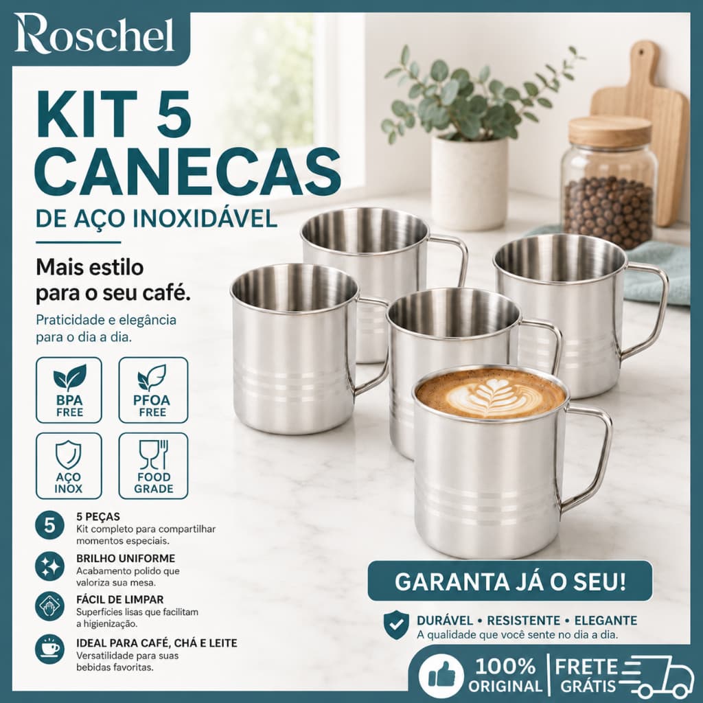 Kit 5 Caneca 100% Inox Capacidade Café Chá Viagem Camping Sem Odor com Alça Resistente