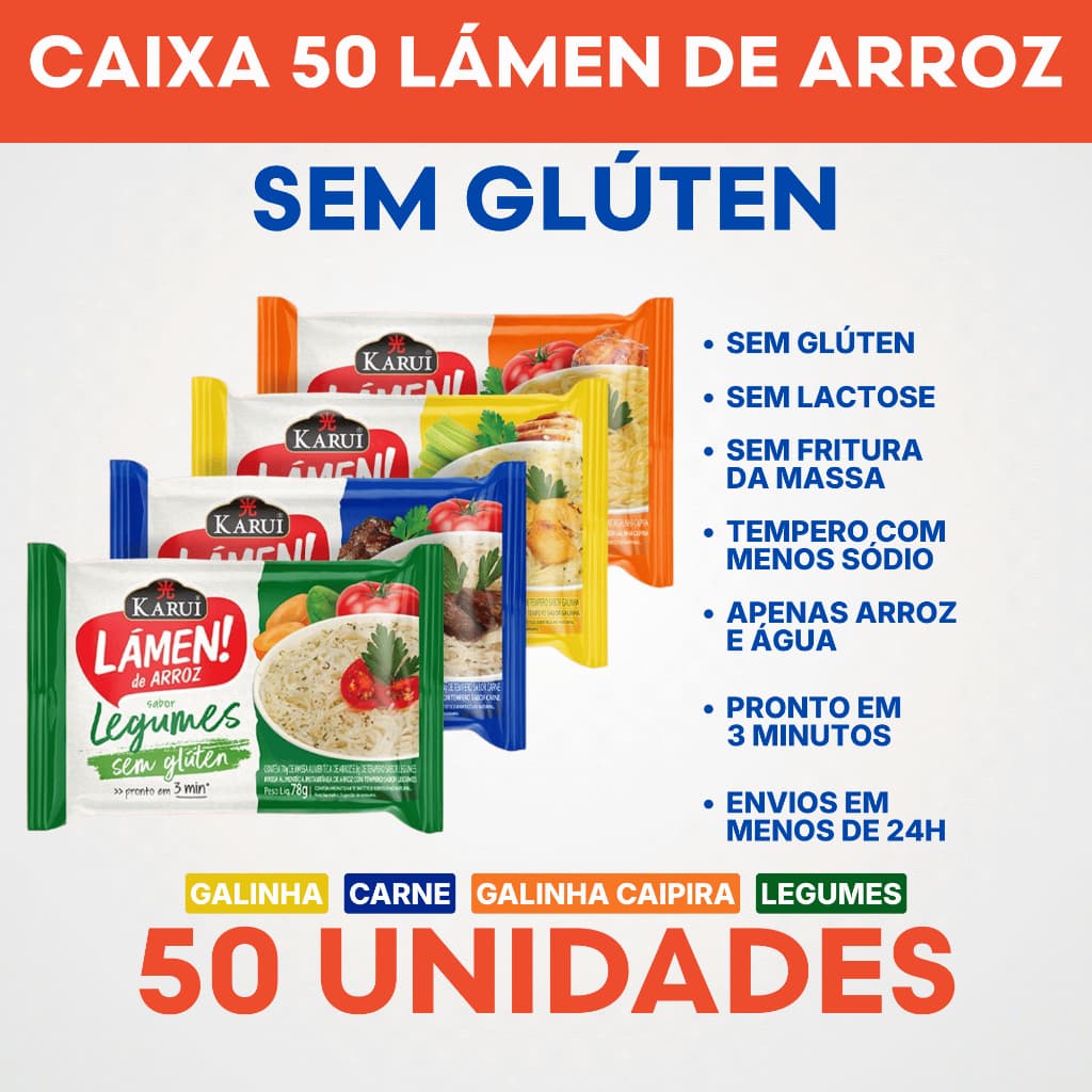 Caixa Fechada 50 Unidades - Lámen de Arroz Karui Sem Glúten - Macarrão Instantâneo Saudável