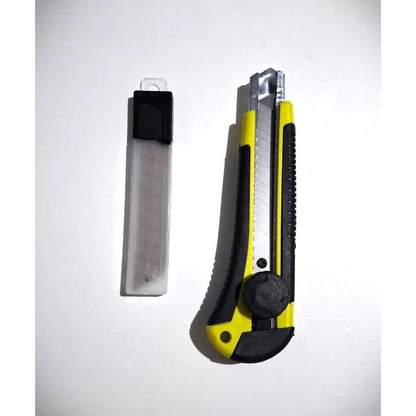 Estilete Retratil Lâmina 18mm Amarelo Emborrachado Com 10 Lâminas De Brinde