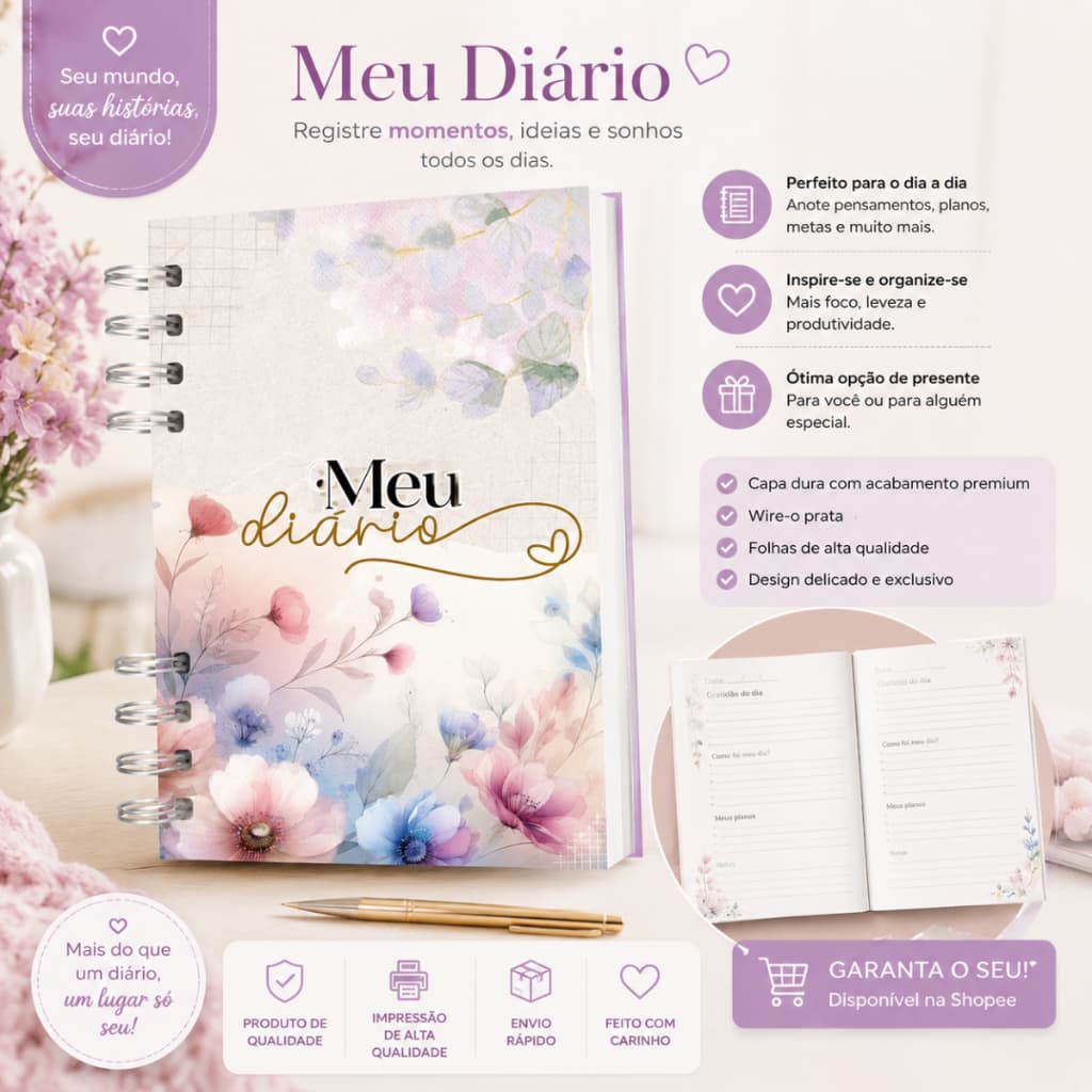 Diário Personalizado Caderno Menina Feminino