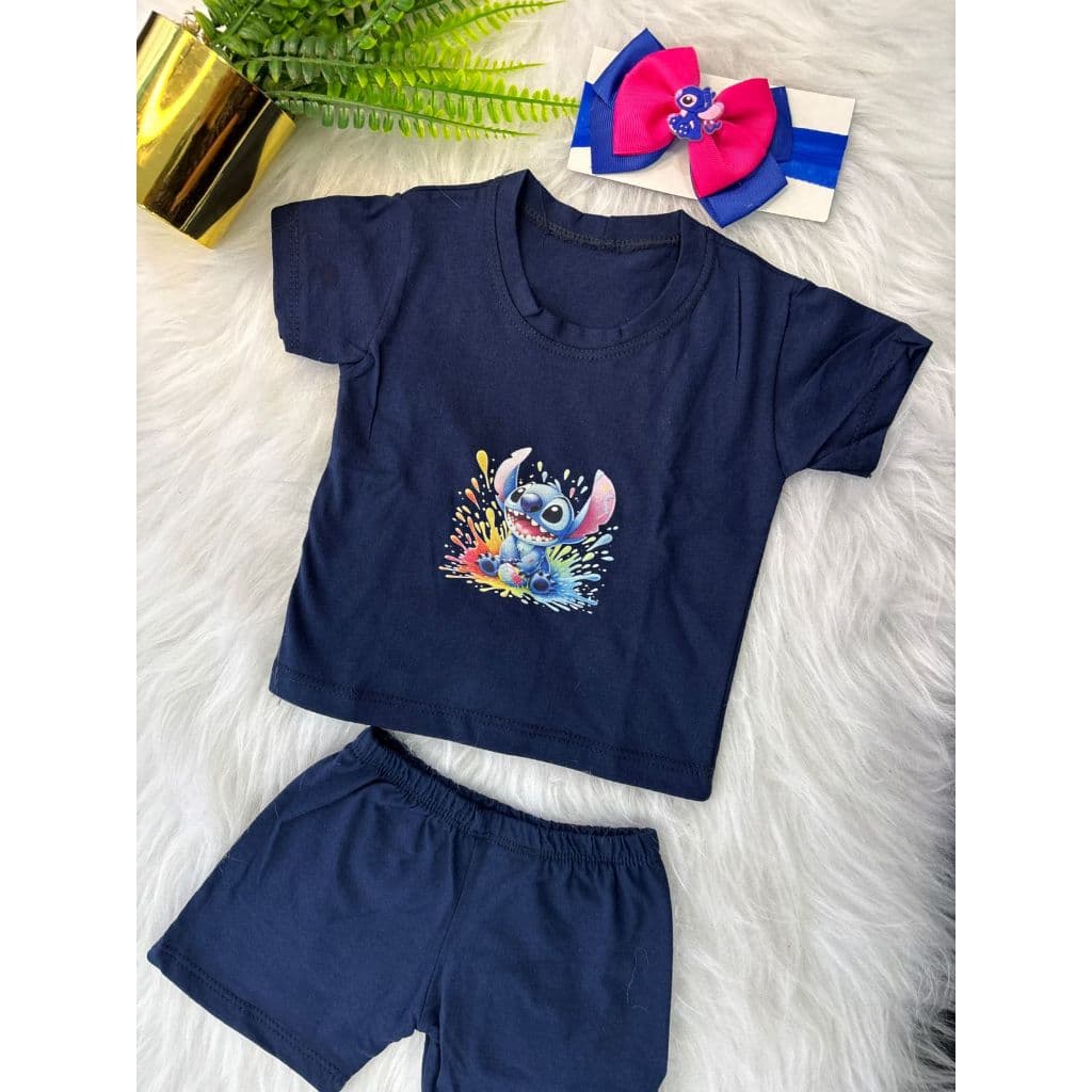 Conjunto Menina 3-6 Meses Bebê Stitch Camiseta Bermuda Azul e Laço Roupa Infantil Confortavel