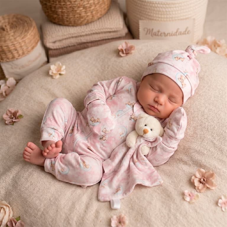 Kit maternidade bebê menina menino algodão egípcio estampado premium 4 peças com naninha
