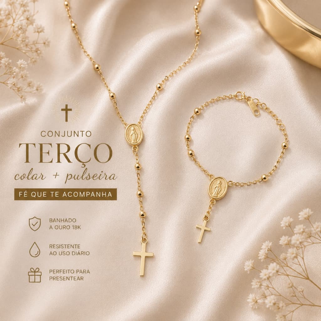 Conjunto Terço Nossa Senhora Feminino Colar + Pulseira Banhado Ouro 18k Presente Religioso