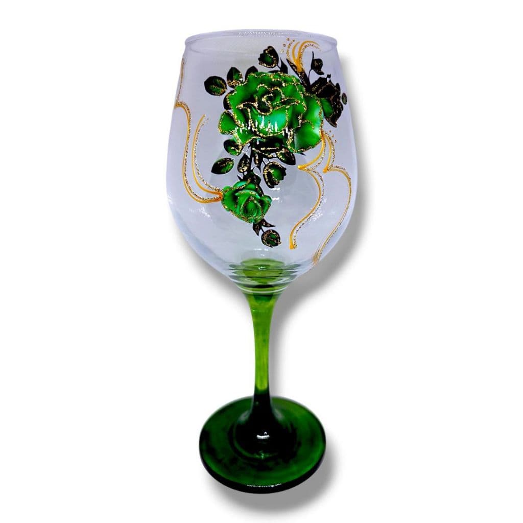 Taça Flores Verdes e Dourada Pomba Gira Fundo Verde - Vidro 385ml Umbanda Quimbanda Altar Oferenda