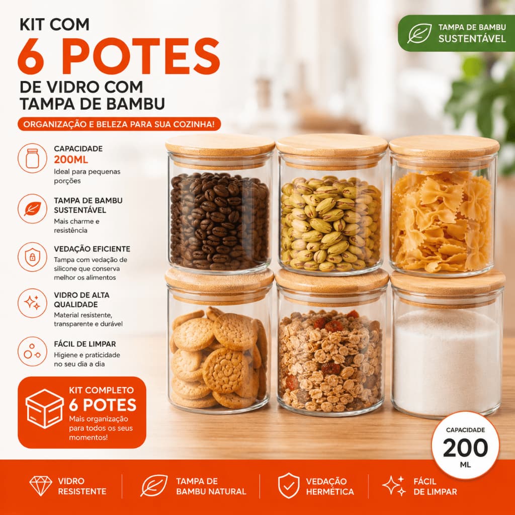 Kit 6 Potes De Vidro Com Tampa De Bambu 200ml