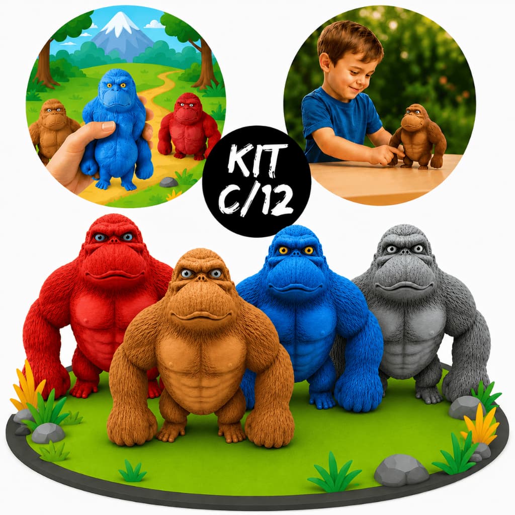 Kit 12 Gorilas Indestrutível Boneco Macaco Kong Estica Esmaga Sensorial