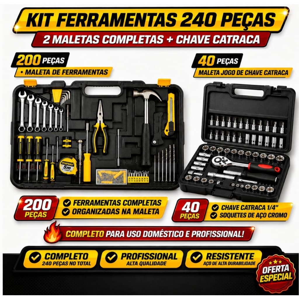 Kit Ferramentas 2 em 1  240 Peças com Maleta + Jogo Chave Catraca Profissional Completo Altíssima Resistencia