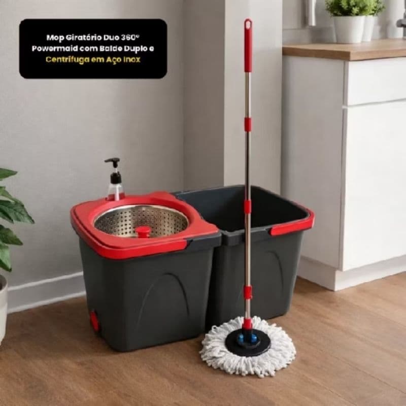 Mop Giratório Duo 360° Powermaid Balde Duplo Centrífuga Inox 13L