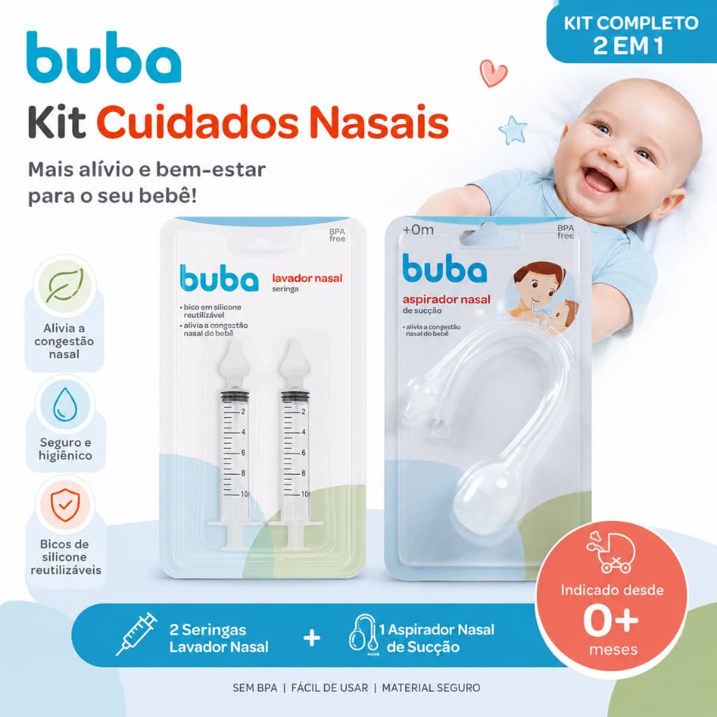 Kit Cuidados Nasais Buba Bebê 2 Seringas Lavador Nasal + Aspirador Nasal de Sucção 0+ Meses