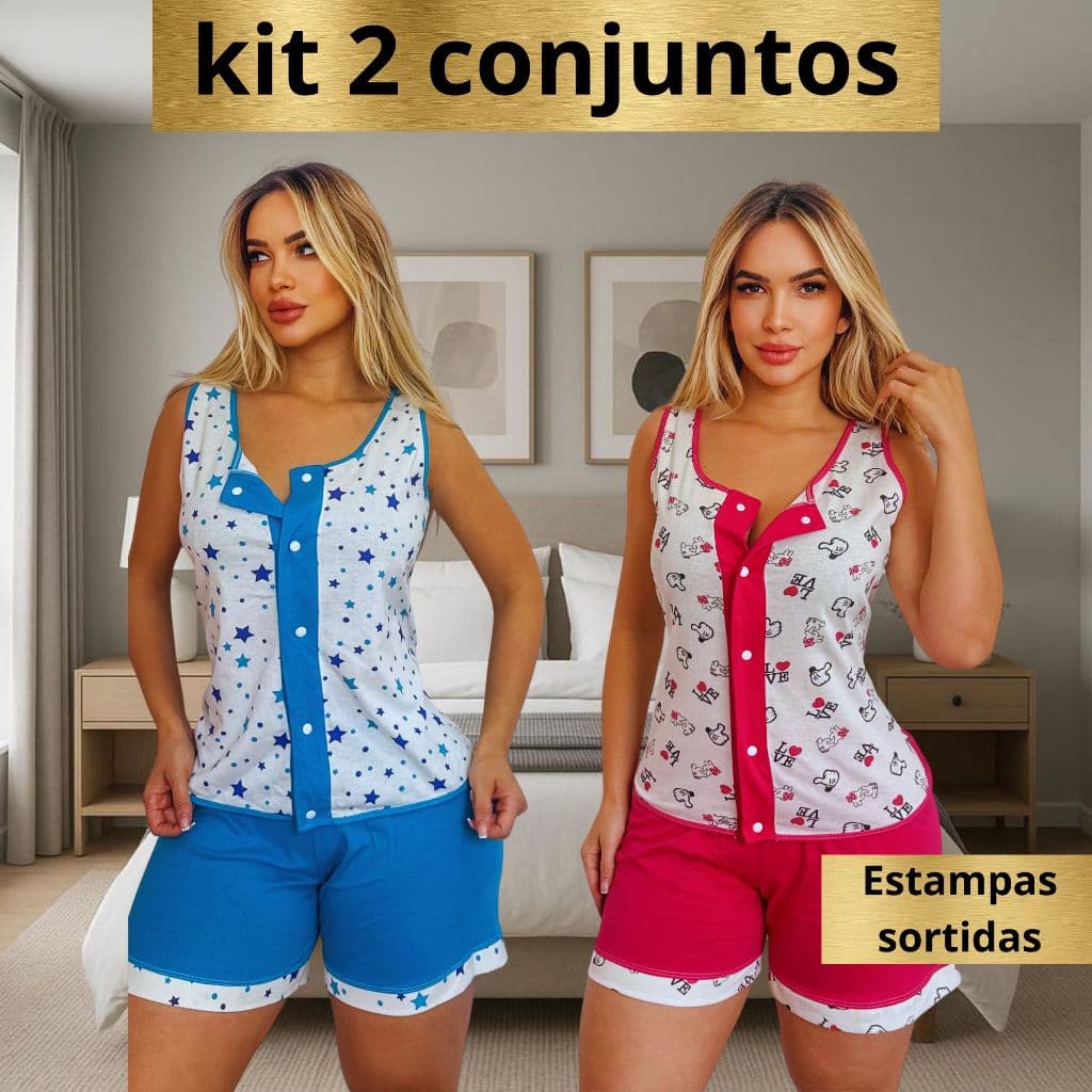 Kit 2 Conjunto Pijamas Feminino Com Botao Malha 100% Algodão Babydool  Gestante Pos Cirurgico