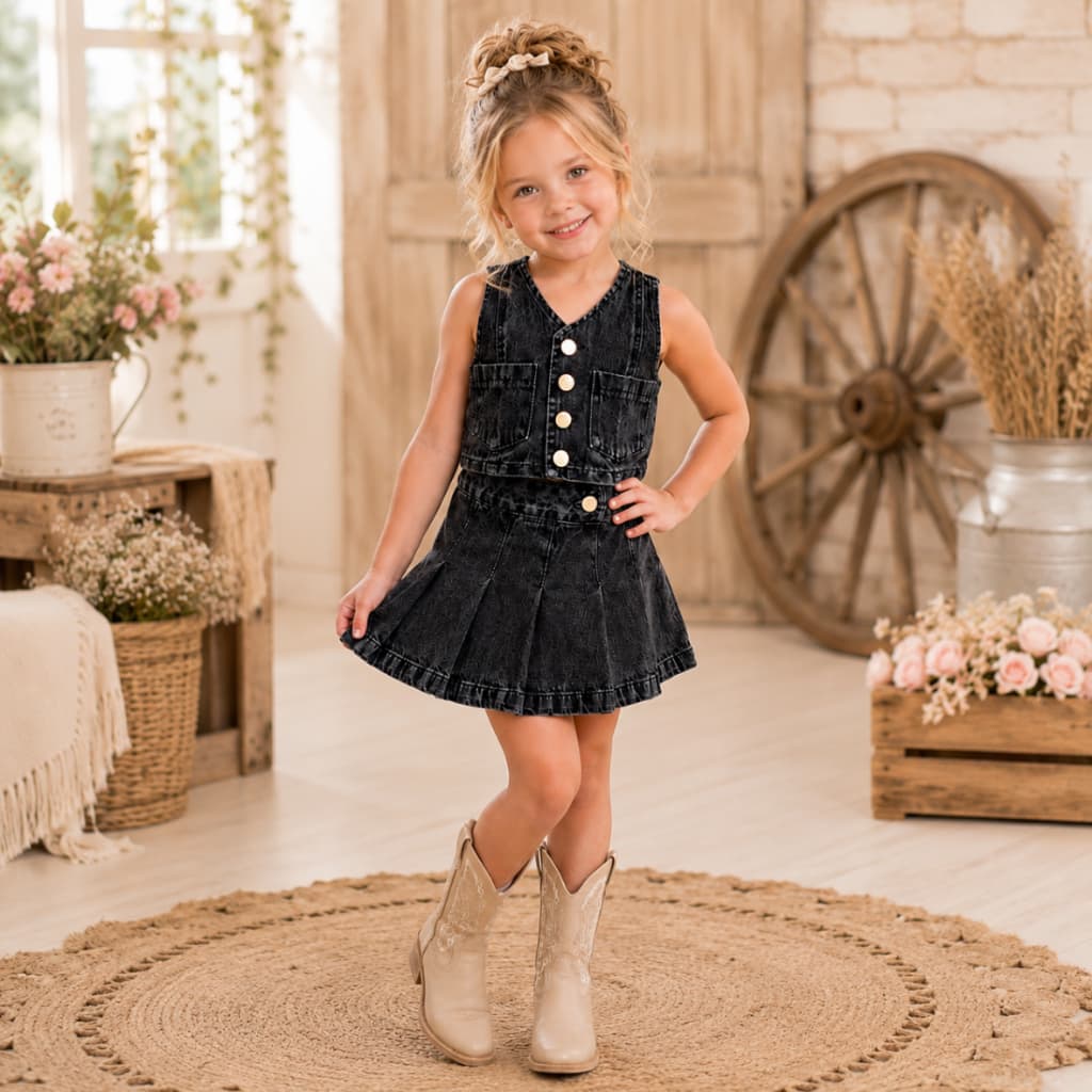 Conjunto de Menina Infantil Juvenil Jeans Short Saia + Colete Blusa Blogueira Coutry Mini Diva