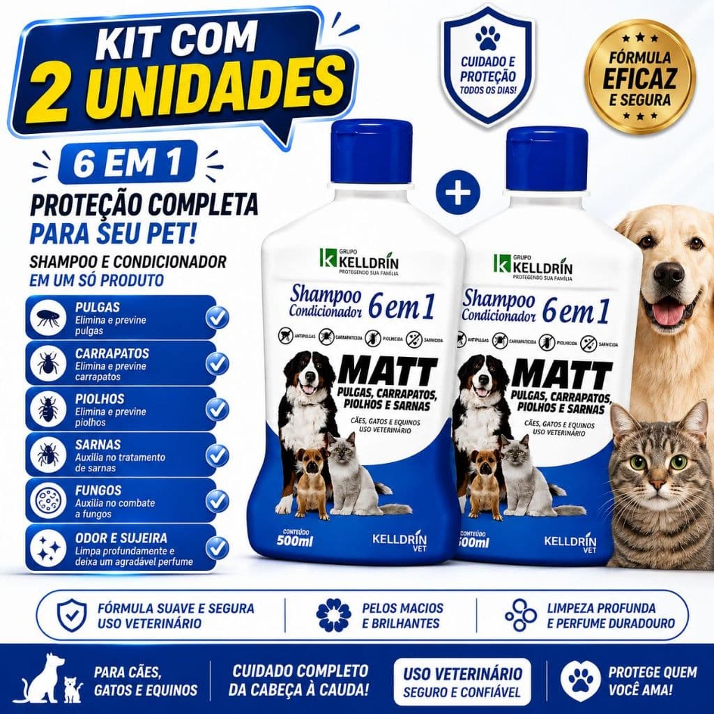 Kit 2 unidades Shampoo Condicionador MATT 6 Em 1 Kelldrin Sarnicida Cães E Gatos anti Pulgas e carrapatos