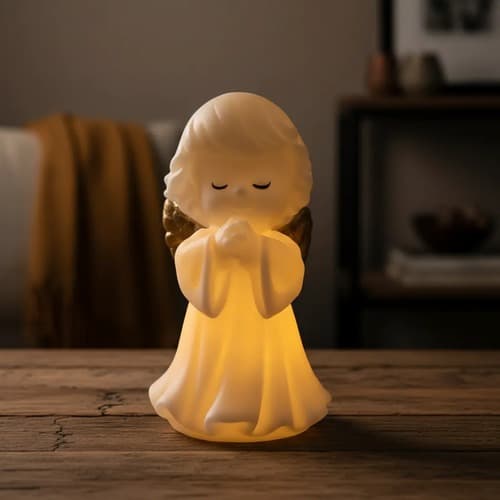 Luminária Anjo Anjinho Branco Com Luz Mãos Em Prece 14cm