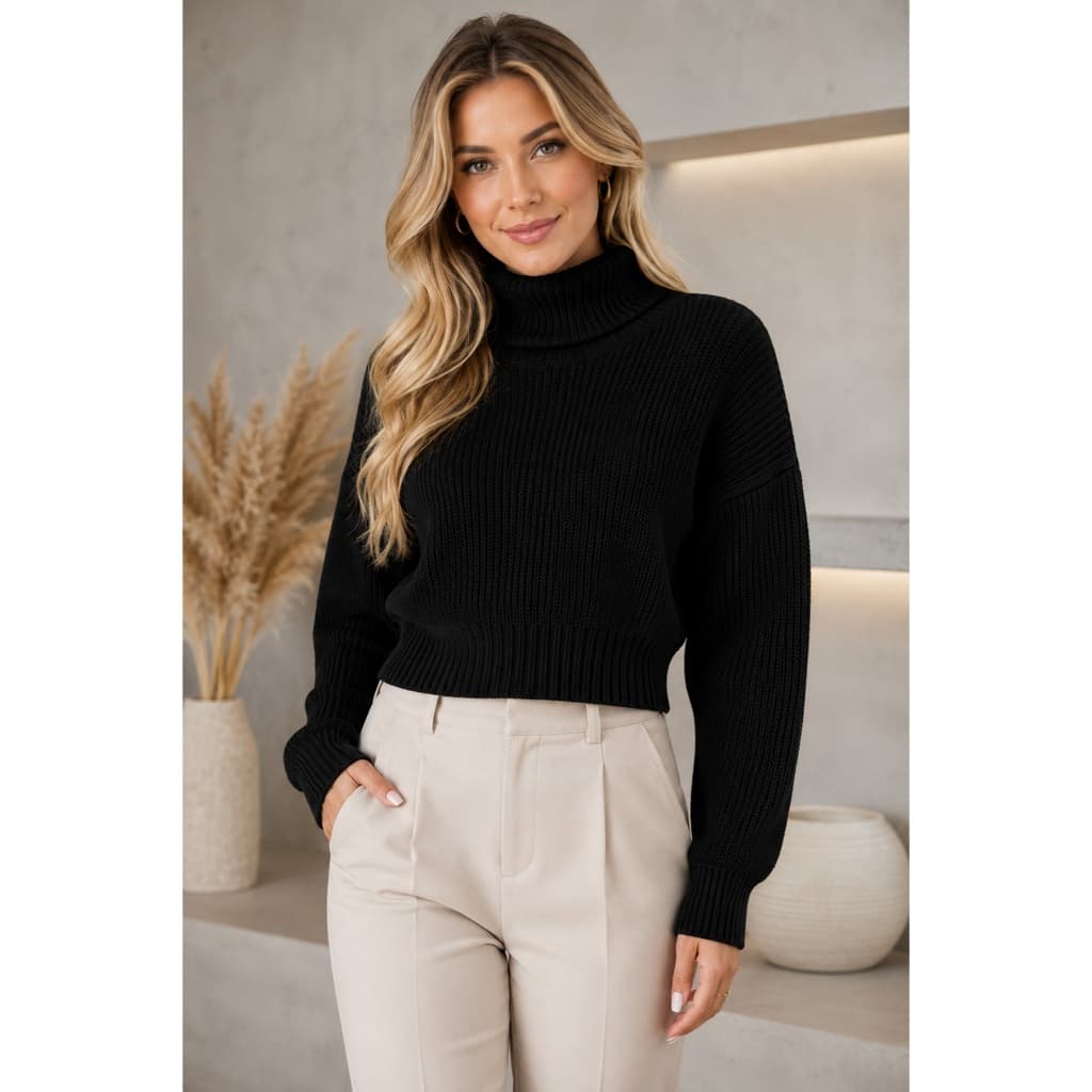 Blusa Cropped Tricô Feminina Gola Alta Manga Longa Inverno Fang Lã Quentinha