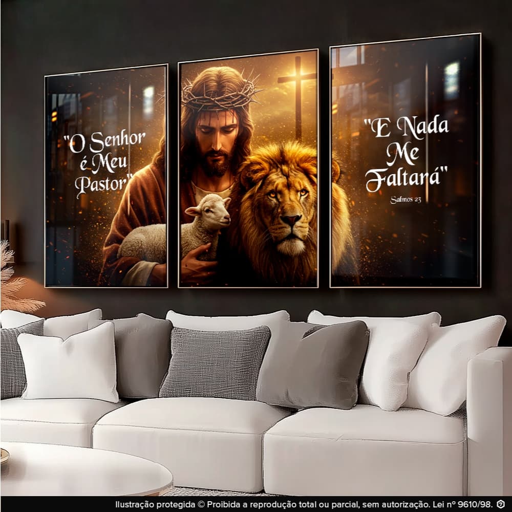 Quadros Decorativos Trio Religioso Cristão Jesus Leão Judá Cordeiro Salmos 23