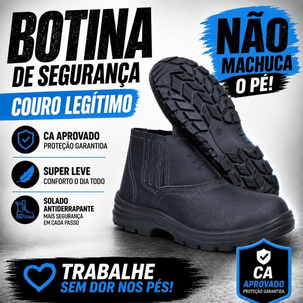 Botina Bota de Segurança Em Couro Epi Para Trabalho Obra Com C.A Macia Leve Original Biqueira PVC