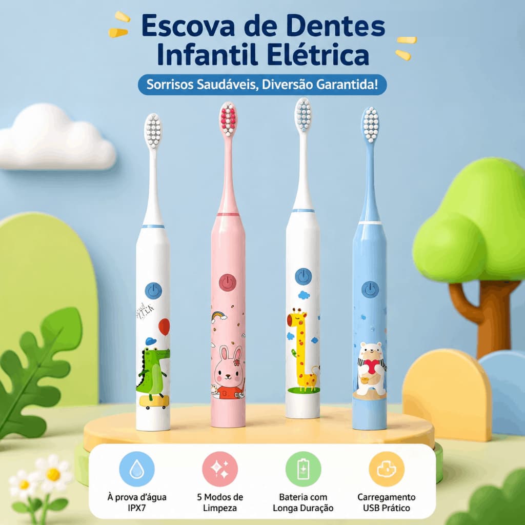 Escova Elétrica Infantil Sonic, Macia e Impermeável para Cuidados Bucais de Bebês e Crianças - Design Ergonômico