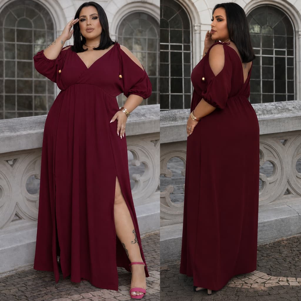Vestido Feminino Plus Size Elegante Abertura na manga Acinturado Amarração no ombro Fenda na Barra Premium