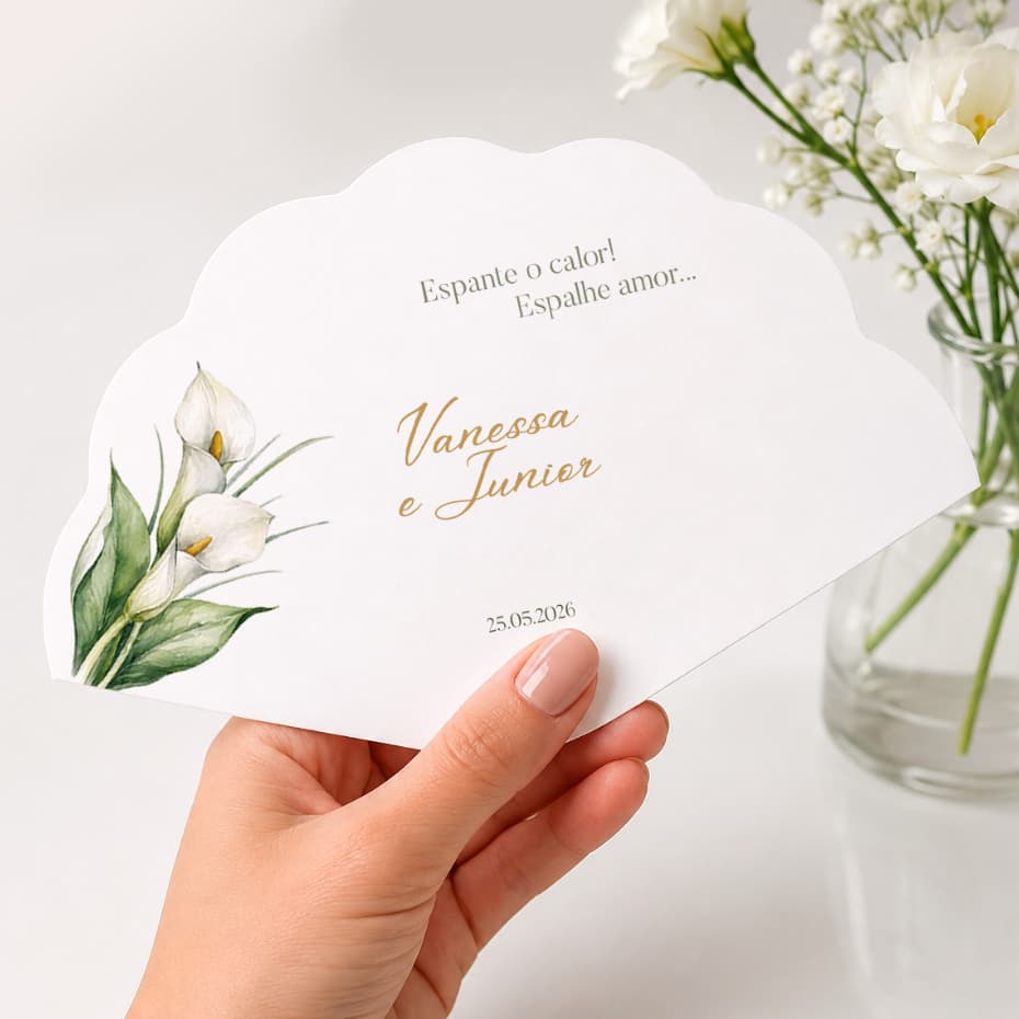 Leque Ventarola Personalizada Casamento Floral Copo de Leite Papel Offset 240g Ondulado