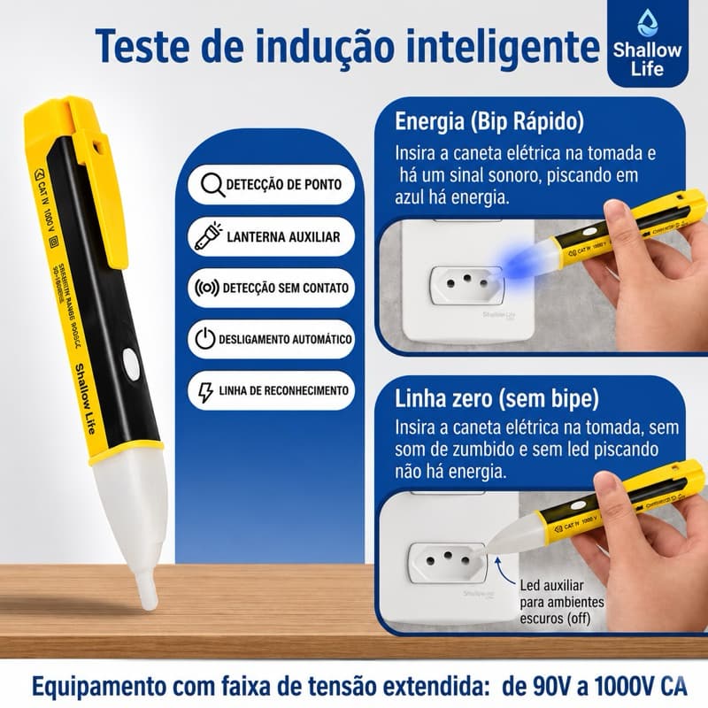 Caneta Detectora de Tensão 90–1000V Bomder | Testador Elétrico com Alerta Sonoro e LED