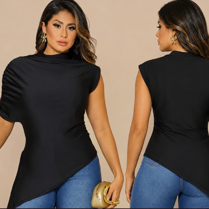 Blusa Básica Assimétrica Elegante FormalCom Gola Alta Dia a Dia Festas Confortável Tendência.