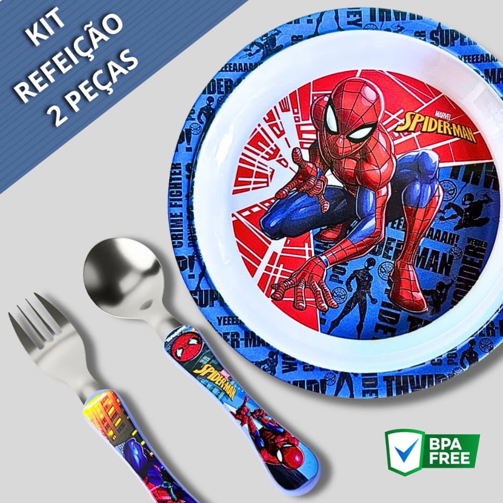 kit Prato Infantil Homem Aranha + Talheres  Inox Livre de BPA Resistente Material Melanina