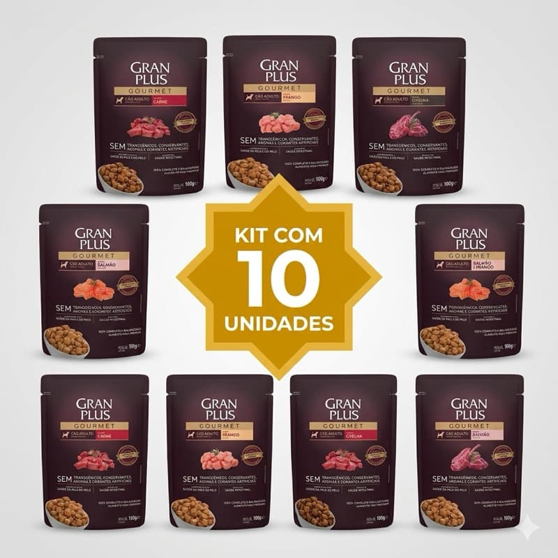 Sachês Gran Plus Cães 100g - Kit com 10 sachês – Sabores Variados, Nutrição Premium, Super Sabor e Hidratação Saudável