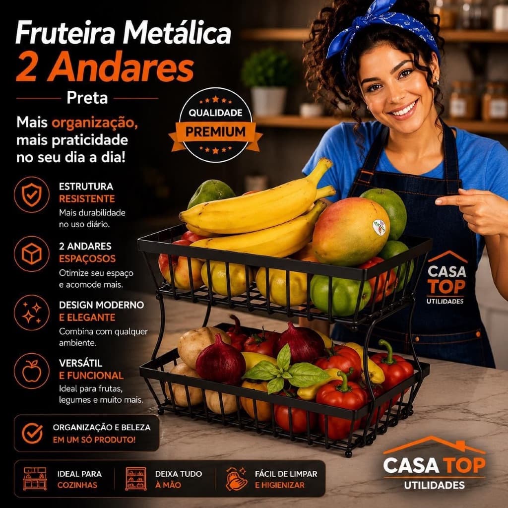 Suporte Organizador Frutas Verduras Cozinha Metalico Duplo Preto Modular