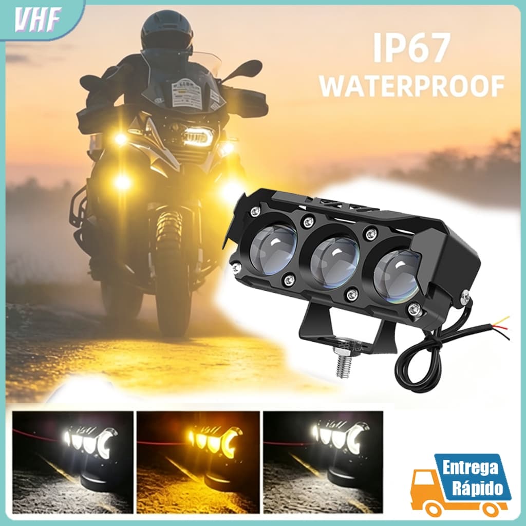 Par Farol De Milha Moto Super Led 15000 Lumes Olho de Lente Auxiliar De Cor Dupla 3 LEDs