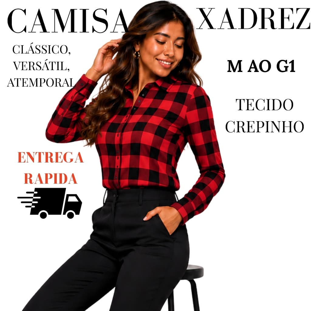 Camisa Xadrez Feminina Crepinho Manga Longa Casual Confortável do M ao G1 Moda Blogueira