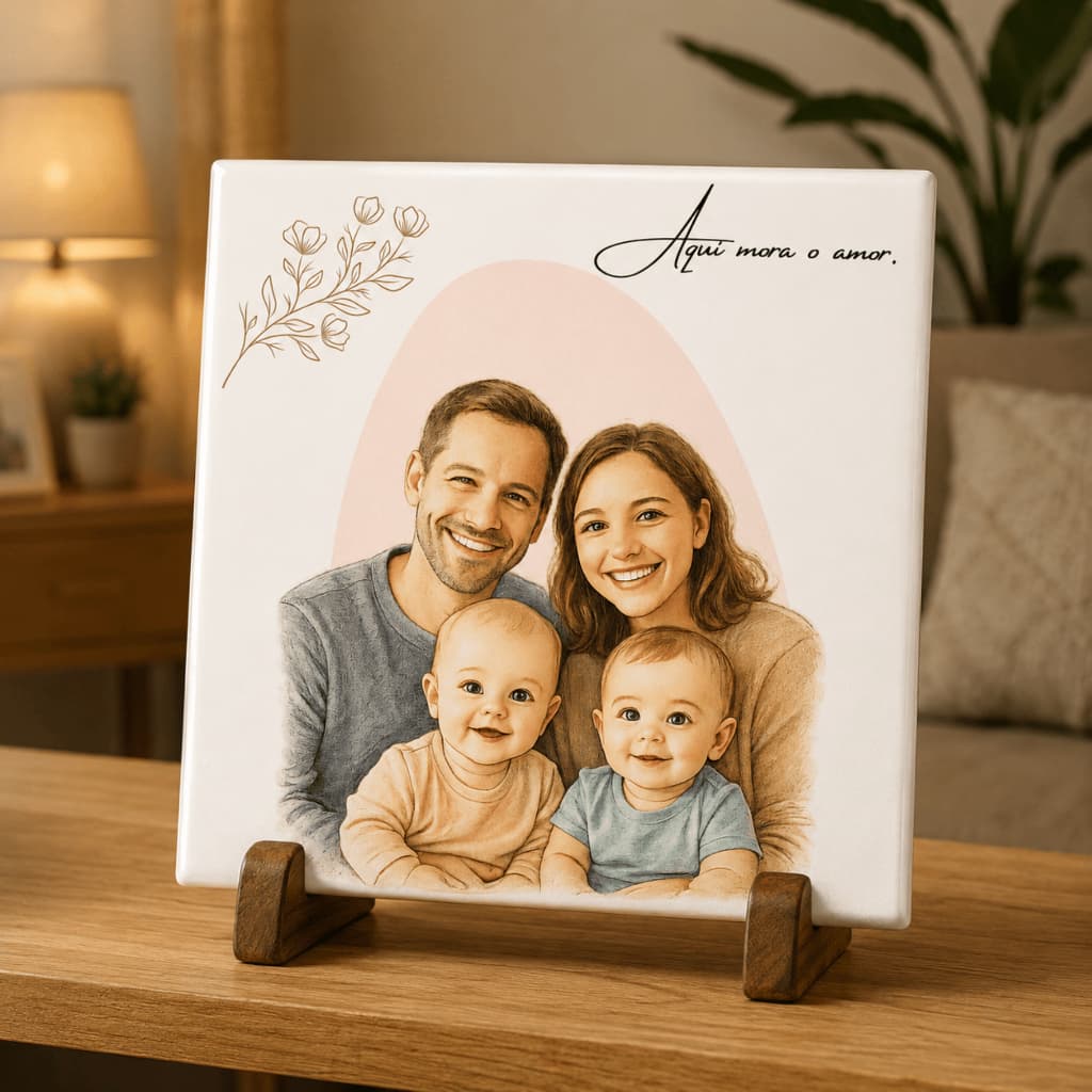 Azulejo Personalizado com Foto em Desenho e Frase Família Decorativo com Suporte
