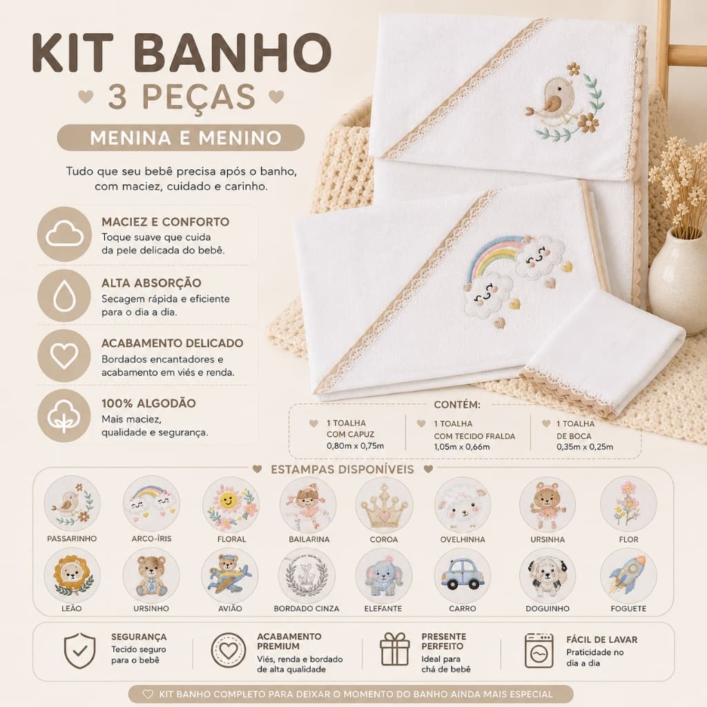 Kit 3Pçs Banho Bebê 1 Toalha com Capuz, 1 Toalha Tecido Fralda + 1 Paninho de Boca - Já Bordado!