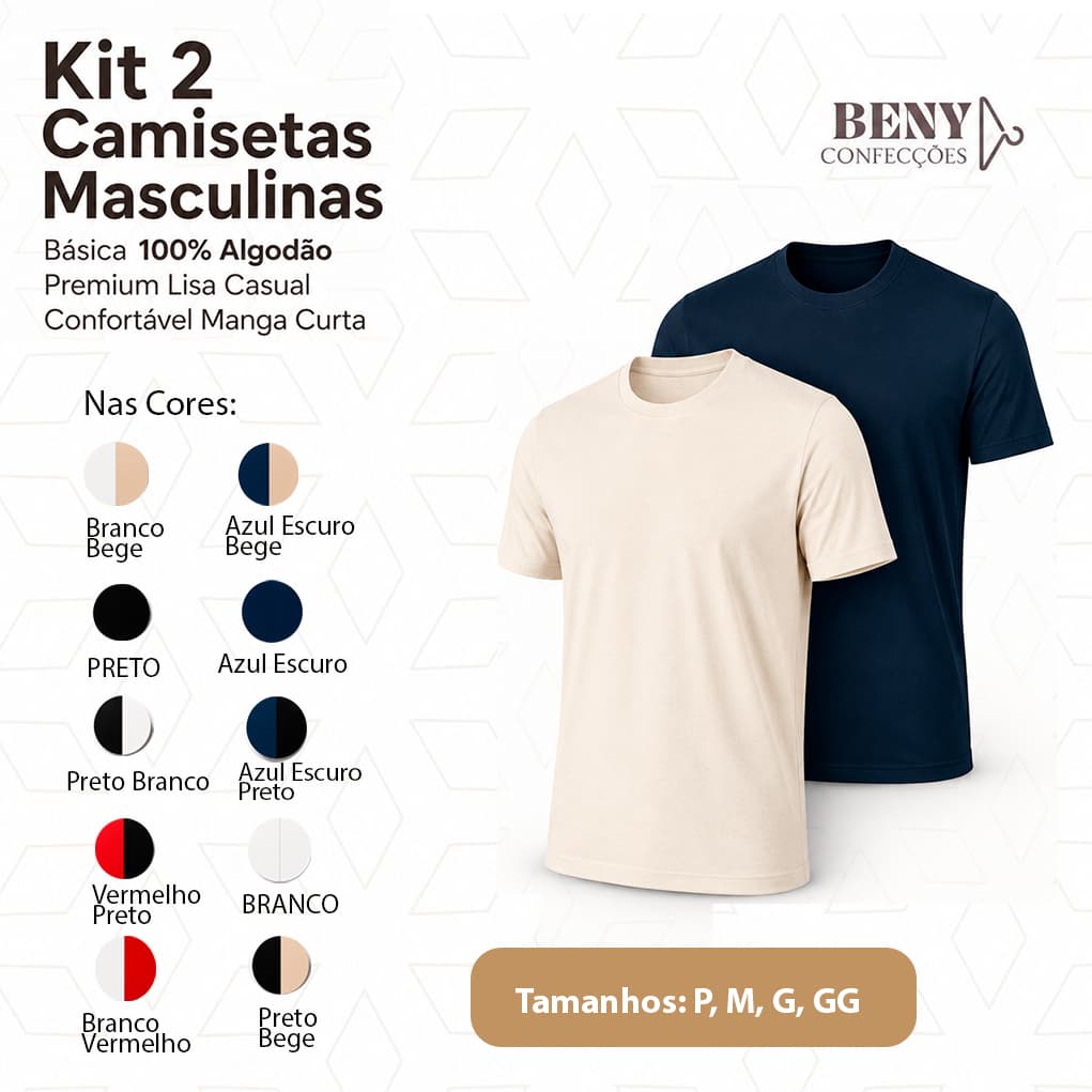 Kit 2 Camisetas Masculinas Básica 100% Algodão Premium Lisa Casual Confortável Manga Curta