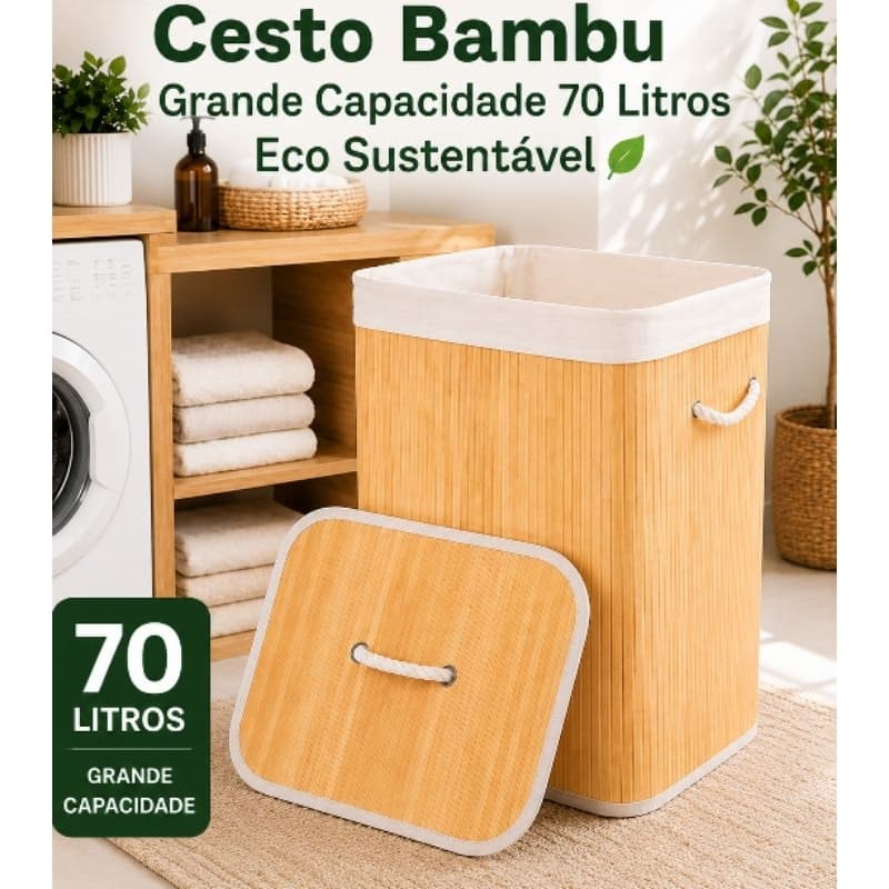 Cesto De Roupa Suja Bambu 70 Litros Organizador Com Tampa