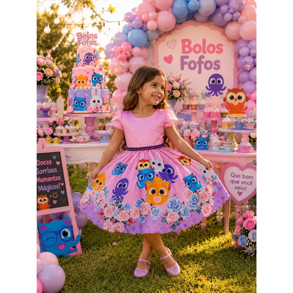 Vestido Bolofofos Festa Aniversário Temático Princesa Luxo Menina de 1 a 4 anos