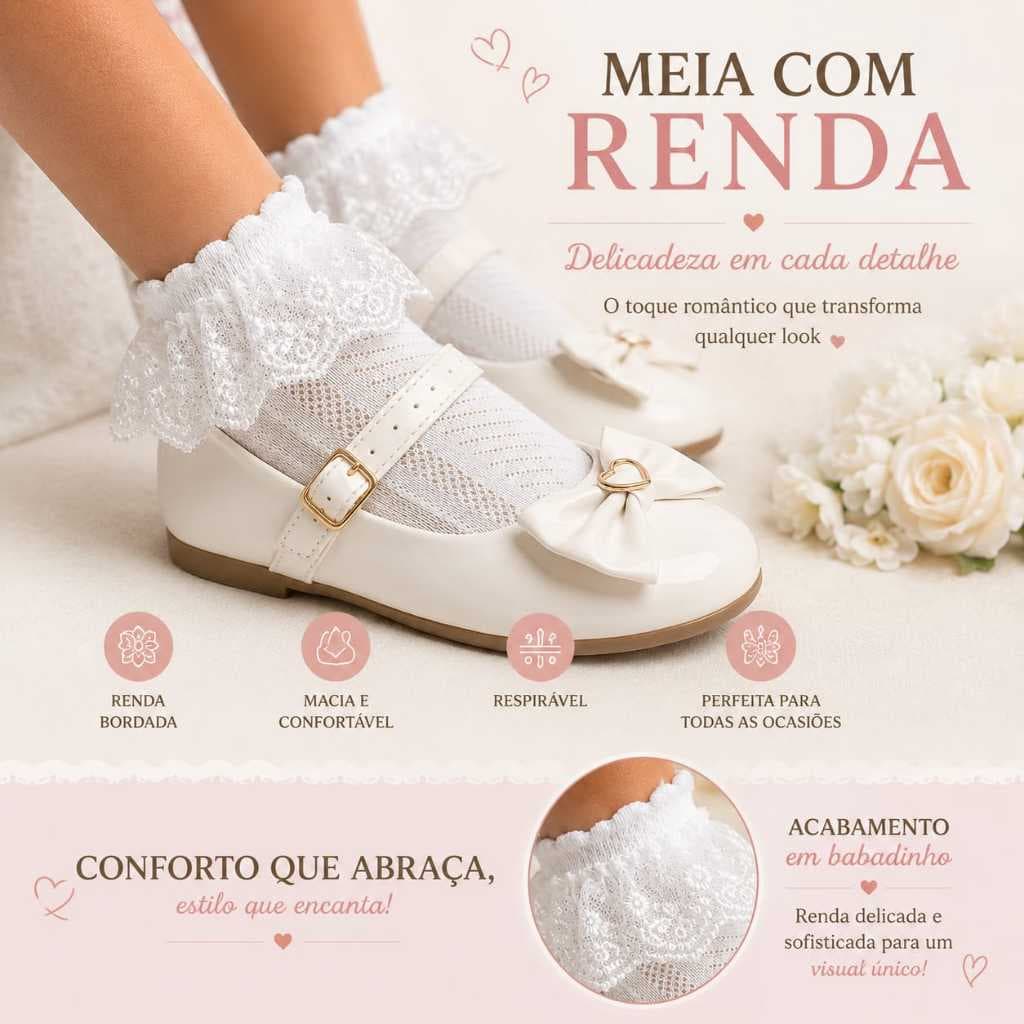 Meia soquete infantil fofa cano curto com babado de renda menina batizado casamento festa social