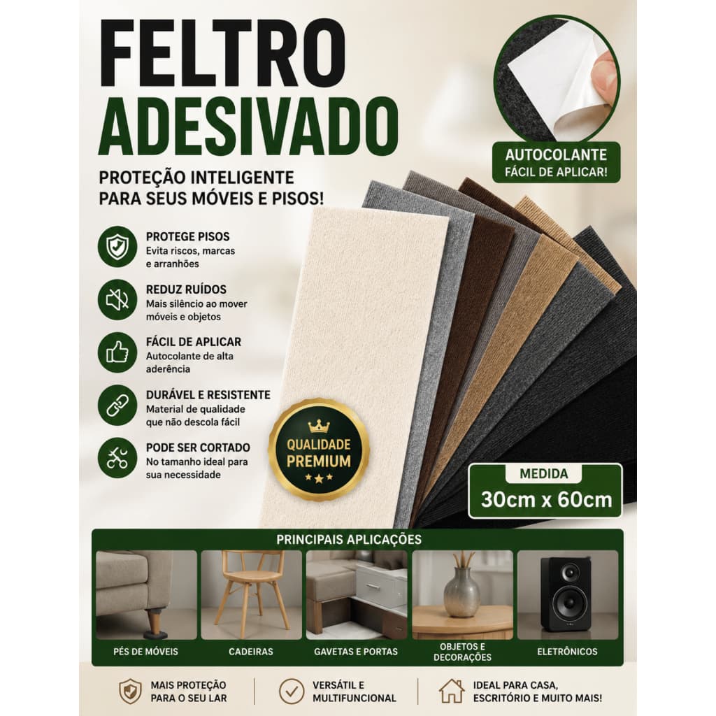 Feltro Protetor Adesivo Antirruído Antirrisco Pé Cadeira Sofá Mesa