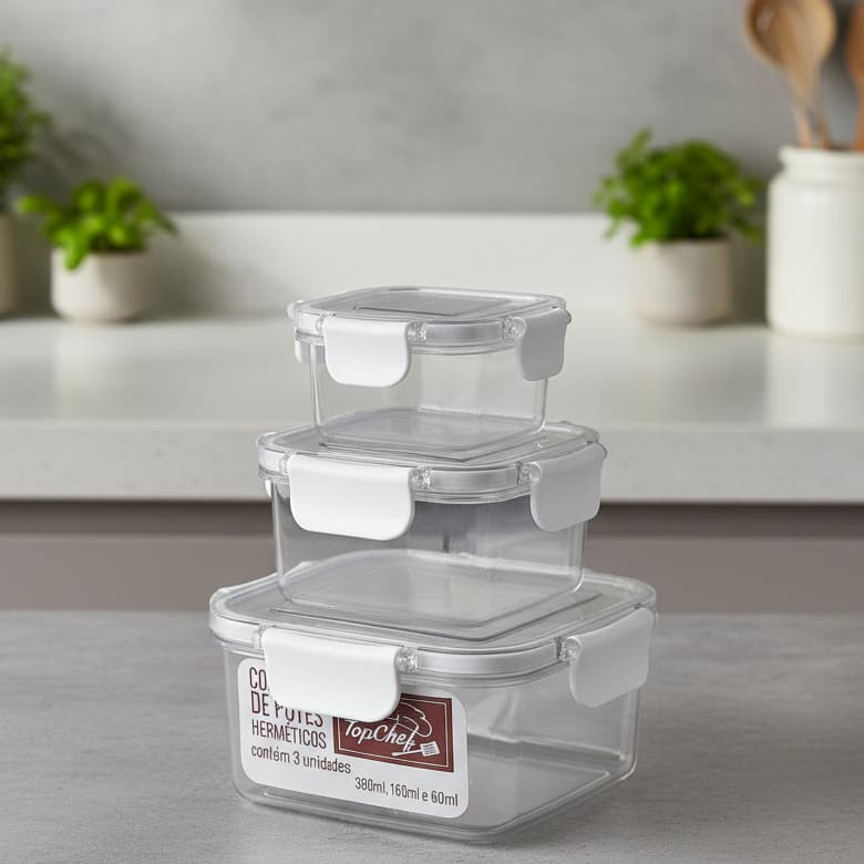 Conjunto 3 Potes Herméticos Quadrados | Vedação Total Armazenamento Cozinha Organização