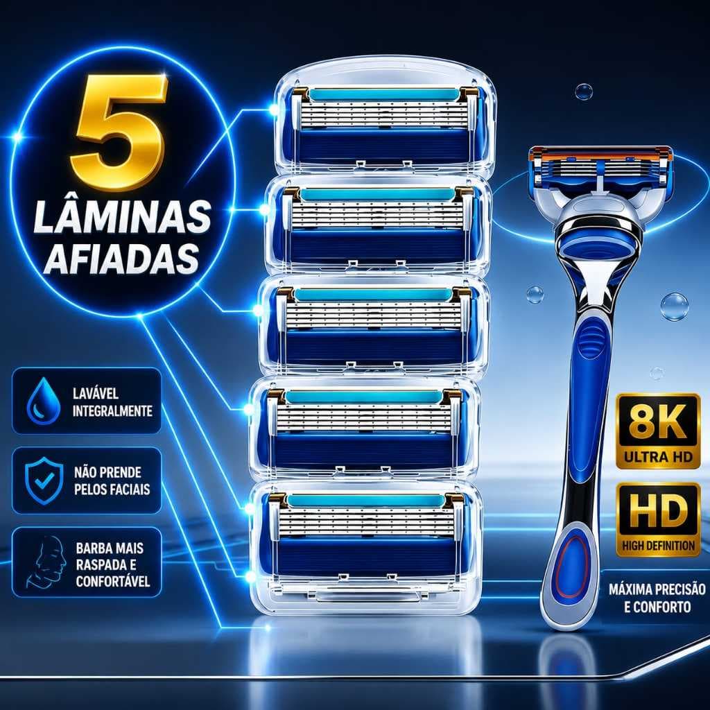 Kit Aparelho de barbear com 5 Lâminas descartáveis Afiadas De Longa Duração com 8 ou 12 Refil