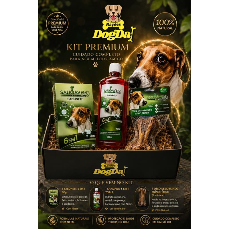 Kit Higiene Pet Premium 3 em 1 Shampoo 6em1 + Sabonete + Osso Natural Cães