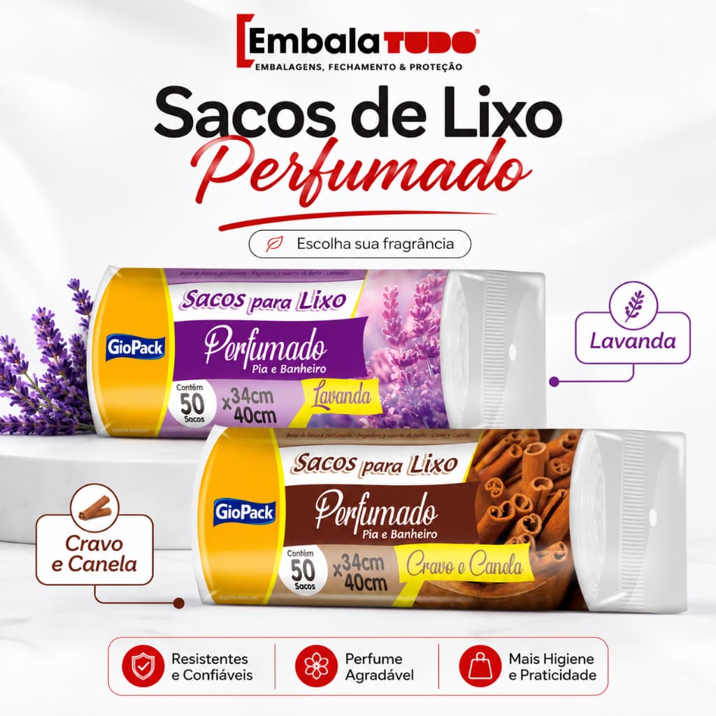 Saco de Lixo Perfumado Lavanda ou Canela com 100 unidades Resistente Banheiro Pia Odor Neutralizado