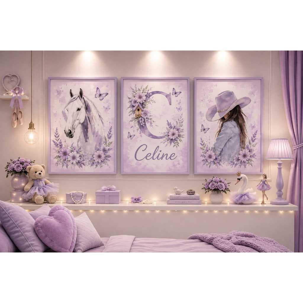 Kit 3 Quadros Decorativos Para Menina Quarto Lilás Fazendinha Luxo