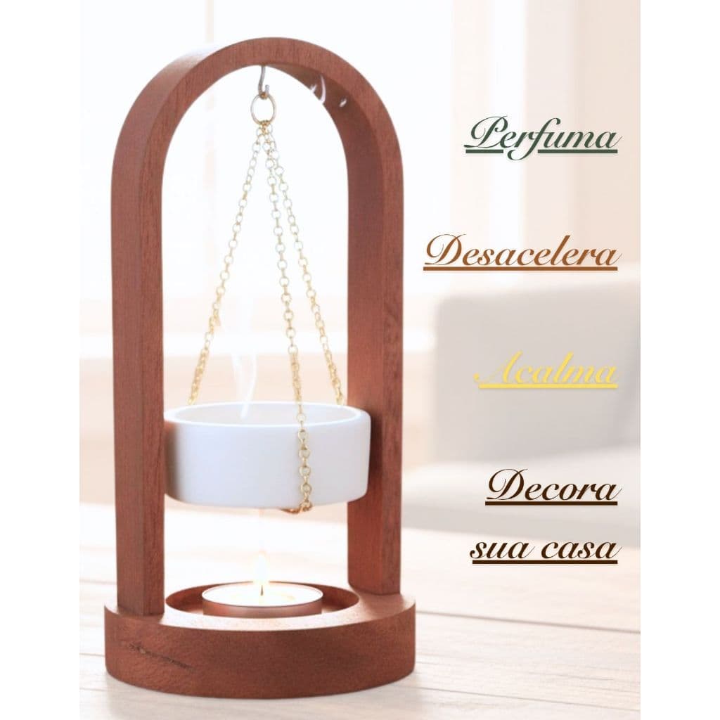 Difusor Aromatizante Rechaud Odorizador de Ambietes Copo Porcelana Queimador Essências 3Vela Madeira