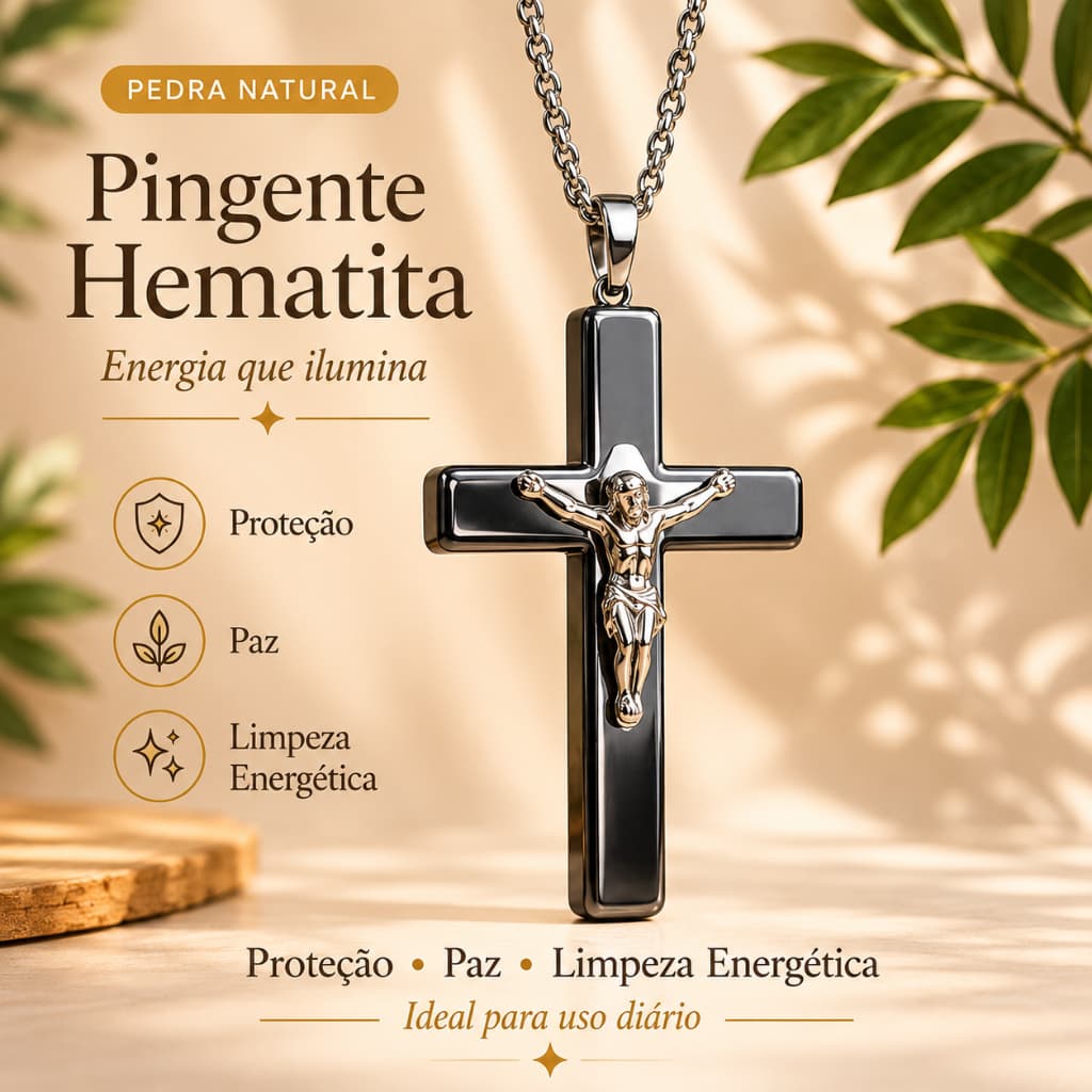 Pingente Cruz Hematita Natural Crucifixo Jesus Pedra Proteção Energética Paz Equilíbrio Premium