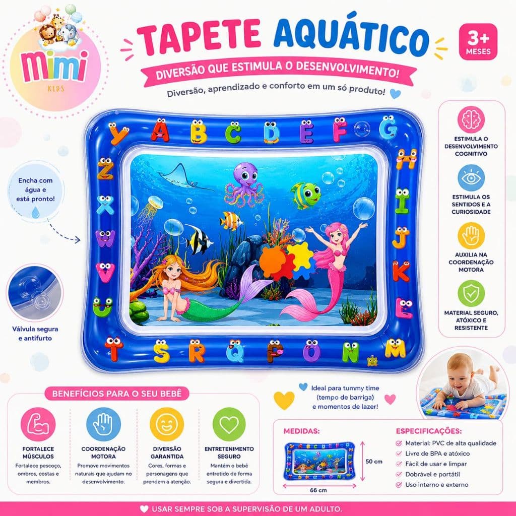 Tapete Infantil Bebê Inflável Água Atividades Sensorial Almofada Menino e Menina