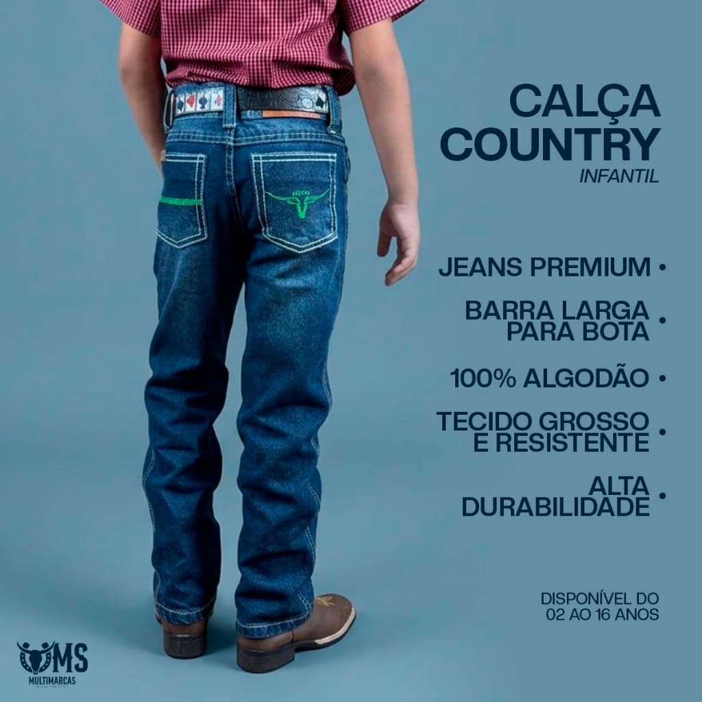 Calça Jeans Infantil Masculina Country Bordada Rodeio Premium Cowboy 2 ao 16 Anos